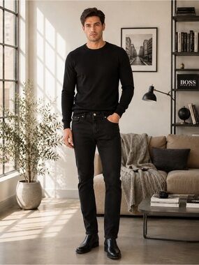 BOSS Hugo Boss Mens Black Jeans 32x34 Stretch Straight Leg Special Finish